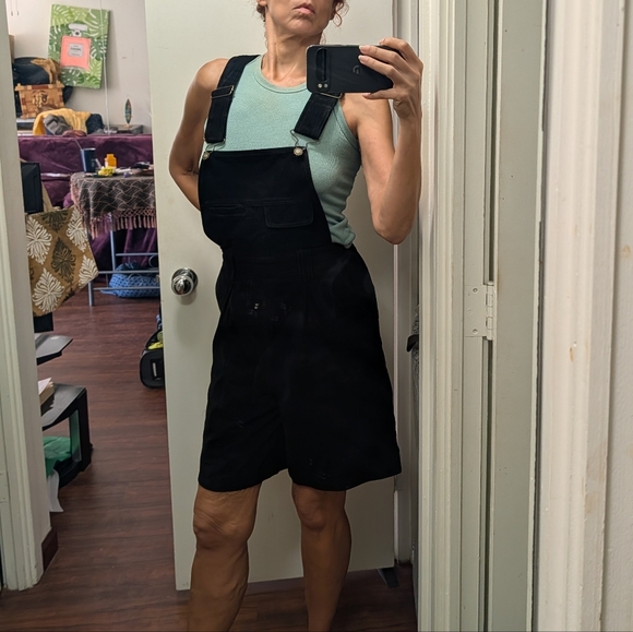 Express Compagnie Internationale Vtg 90s Black Suede Overall Shorts size L - Picture 2 of 16